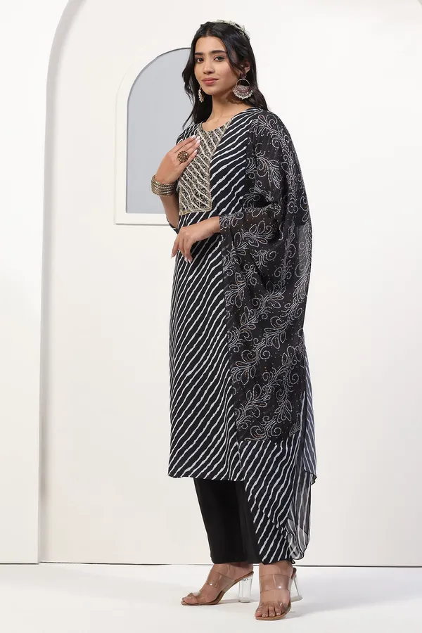 Black_Georgette_Straight_Leheriya_Printed_Kurta_And_Pant_With_Dupatta_Set