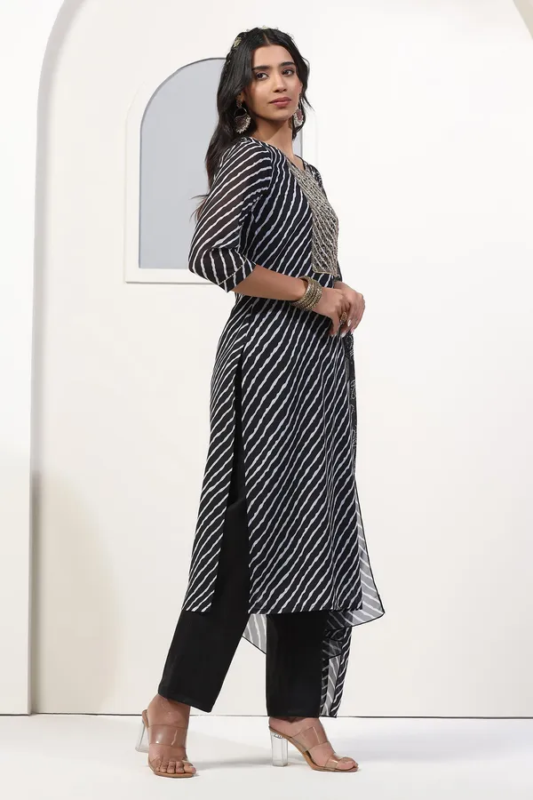 Black_Georgette_Straight_Leheriya_Printed_Kurta_And_Pant_With_Dupatta_Set