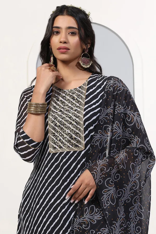 Black_Georgette_Straight_Leheriya_Printed_Kurta_And_Pant_With_Dupatta_Set