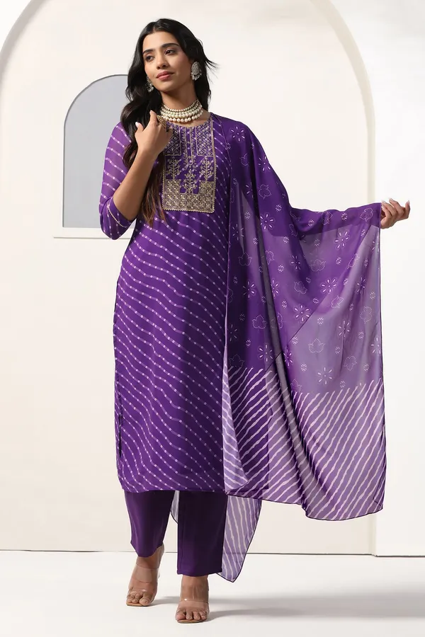 Violet_Georgette_Straight_Bandhani_Printed_Kurta_And_Pant_With_Dupatta_Set