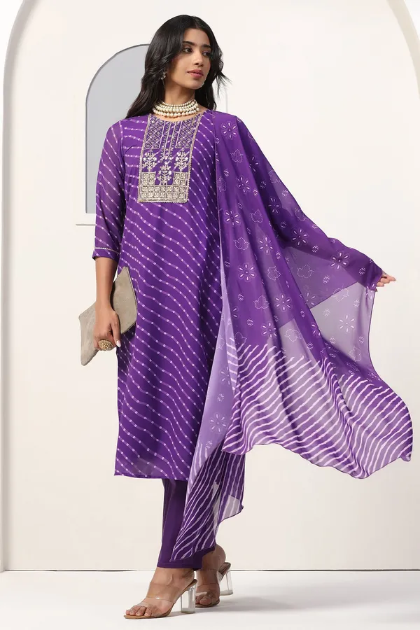 Violet_Georgette_Straight_Bandhani_Printed_Kurta_And_Pant_With_Dupatta_Set