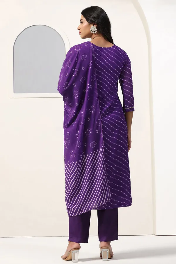 Violet_Georgette_Straight_Bandhani_Printed_Kurta_And_Pant_With_Dupatta_Set