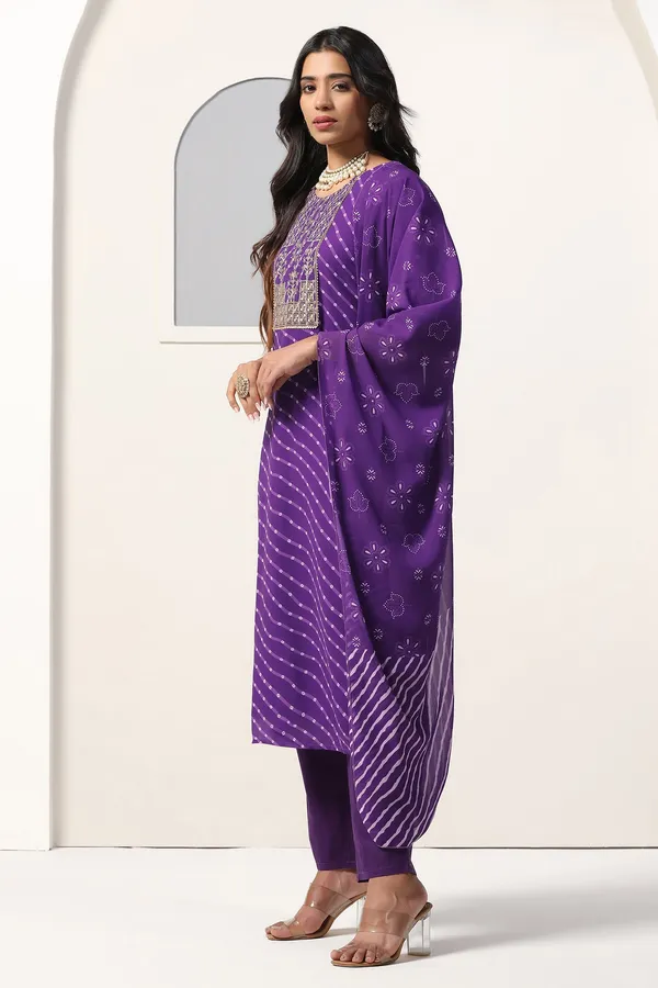 Violet_Georgette_Straight_Bandhani_Printed_Kurta_And_Pant_With_Dupatta_Set