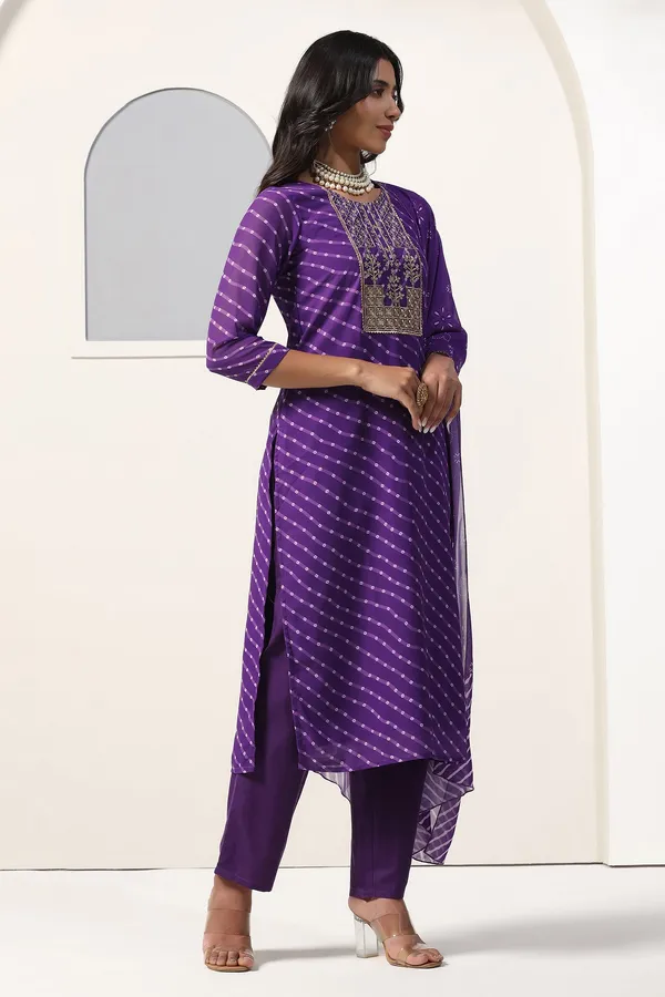 Violet_Georgette_Straight_Bandhani_Printed_Kurta_And_Pant_With_Dupatta_Set
