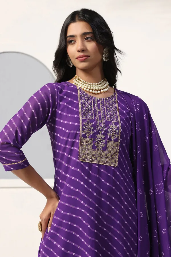 Violet_Georgette_Straight_Bandhani_Printed_Kurta_And_Pant_With_Dupatta_Set