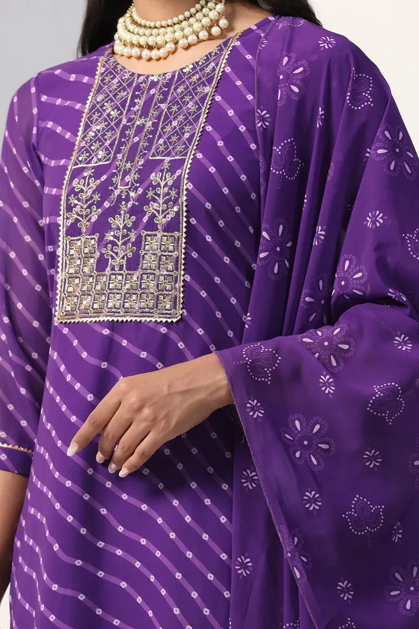 Violet_Georgette_Straight_Bandhani_Printed_Kurta_And_Pant_With_Dupatta_Set