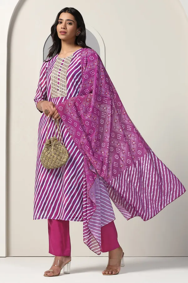 Purple_Georgette_Straight_Leheriya_Printed_Kurta_And_Pant_With_Dupatta_Set