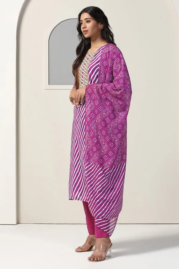 Purple_Georgette_Straight_Leheriya_Printed_Kurta_And_Pant_With_Dupatta_Set