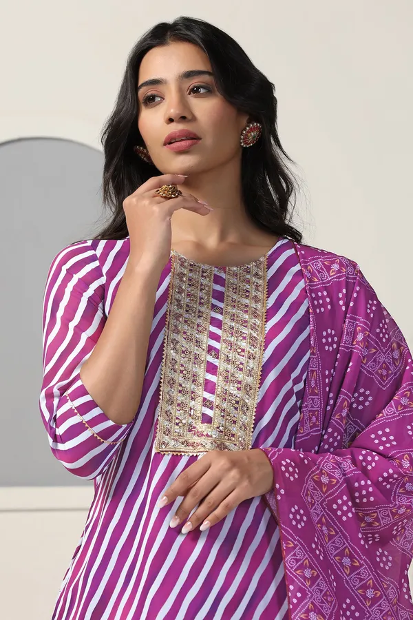 Purple_Georgette_Straight_Leheriya_Printed_Kurta_And_Pant_With_Dupatta_Set