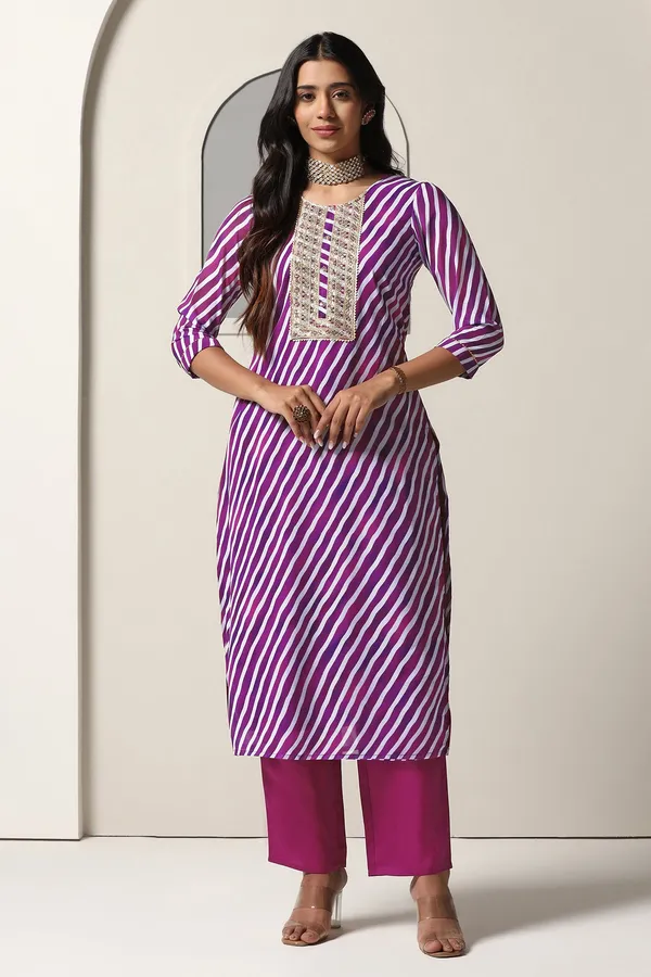 Purple_Georgette_Straight_Leheriya_Printed_Kurta_And_Pant_With_Dupatta_Set