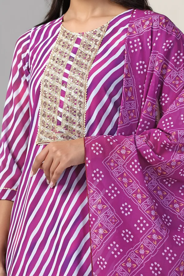 Purple_Georgette_Straight_Leheriya_Printed_Kurta_And_Pant_With_Dupatta_Set