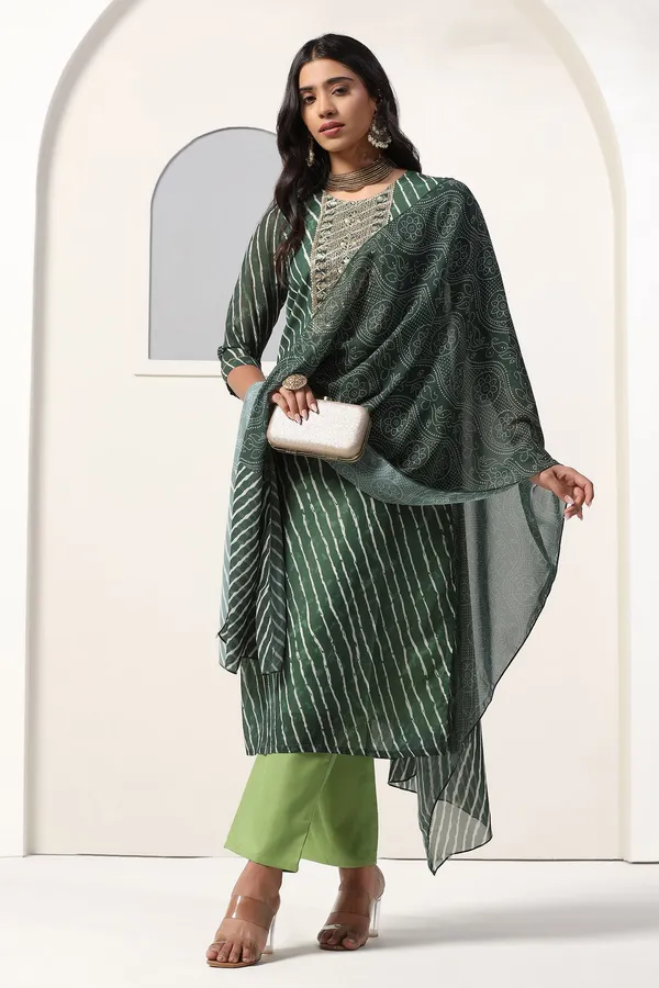Green_Georgette_Straight_Leheriya_Printed_Kurta_And_Pant_With_Dupatta_Set