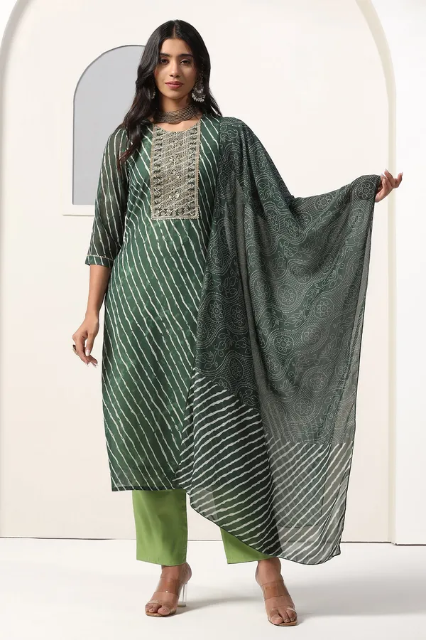 Green_Georgette_Straight_Leheriya_Printed_Kurta_And_Pant_With_Dupatta_Set