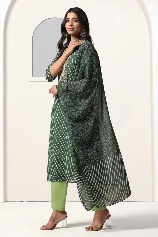 Green_Georgette_Straight_Leheriya_Printed_Kurta_And_Pant_With_Dupatta_Set