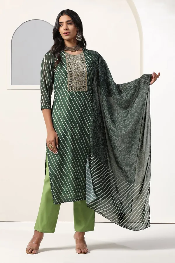 Green_Georgette_Straight_Leheriya_Printed_Kurta_And_Pant_With_Dupatta_Set