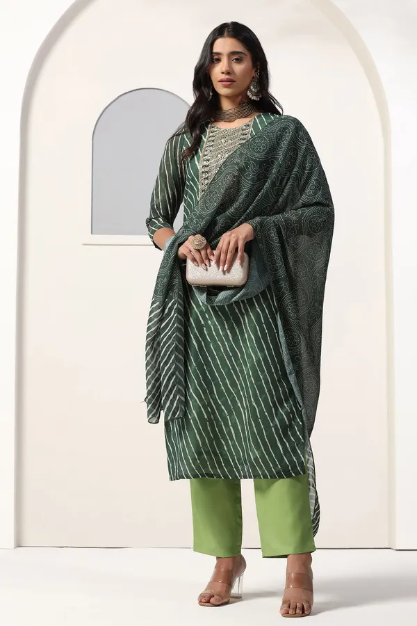 Green_Georgette_Straight_Leheriya_Printed_Kurta_And_Pant_With_Dupatta_Set