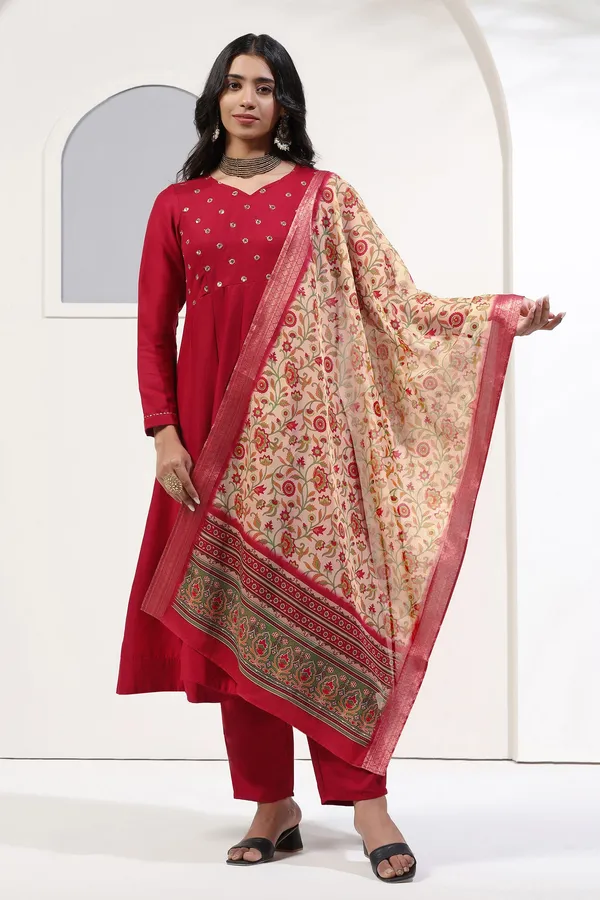 Maroon_Cotton_Blend_A_Line_Emboidered_Kurta_And_Pant_With_Dupatta_Set