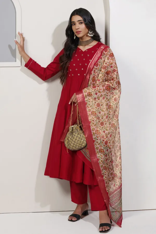 Maroon_Cotton_Blend_A_Line_Emboidered_Kurta_And_Pant_With_Dupatta_Set