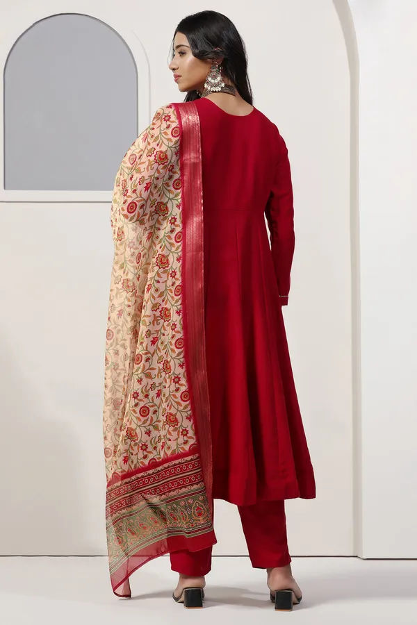 Maroon_Cotton_Blend_A_Line_Emboidered_Kurta_And_Pant_With_Dupatta_Set