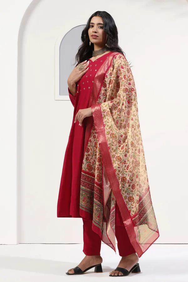 Maroon_Cotton_Blend_A_Line_Emboidered_Kurta_And_Pant_With_Dupatta_Set