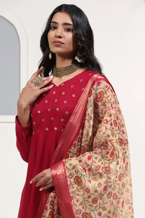 Maroon_Cotton_Blend_A_Line_Emboidered_Kurta_And_Pant_With_Dupatta_Set