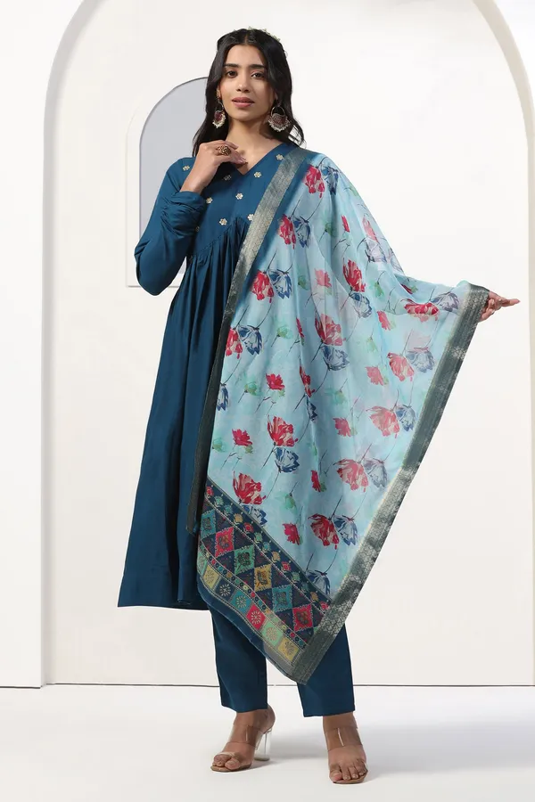 Teal_Blue_Cotton_Blend_Empire_Emboidered_Kurta_And_Pant_With_Dupatta_Set