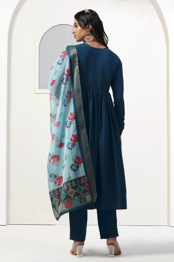 Teal_Blue_Cotton_Blend_Empire_Emboidered_Kurta_And_Pant_With_Dupatta_Set