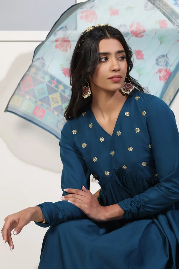 Teal_Blue_Cotton_Blend_Empire_Emboidered_Kurta_And_Pant_With_Dupatta_Set