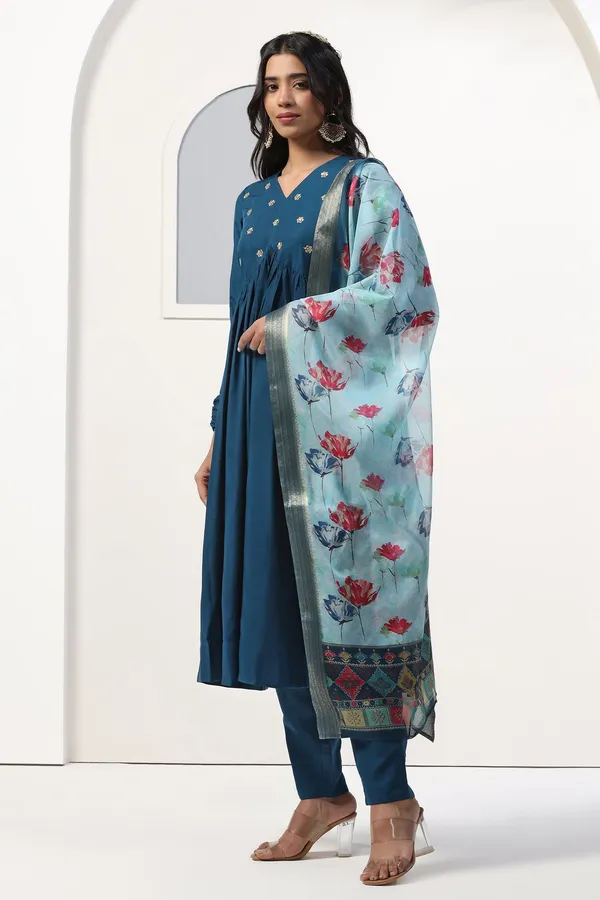 Teal_Blue_Cotton_Blend_Empire_Emboidered_Kurta_And_Pant_With_Dupatta_Set