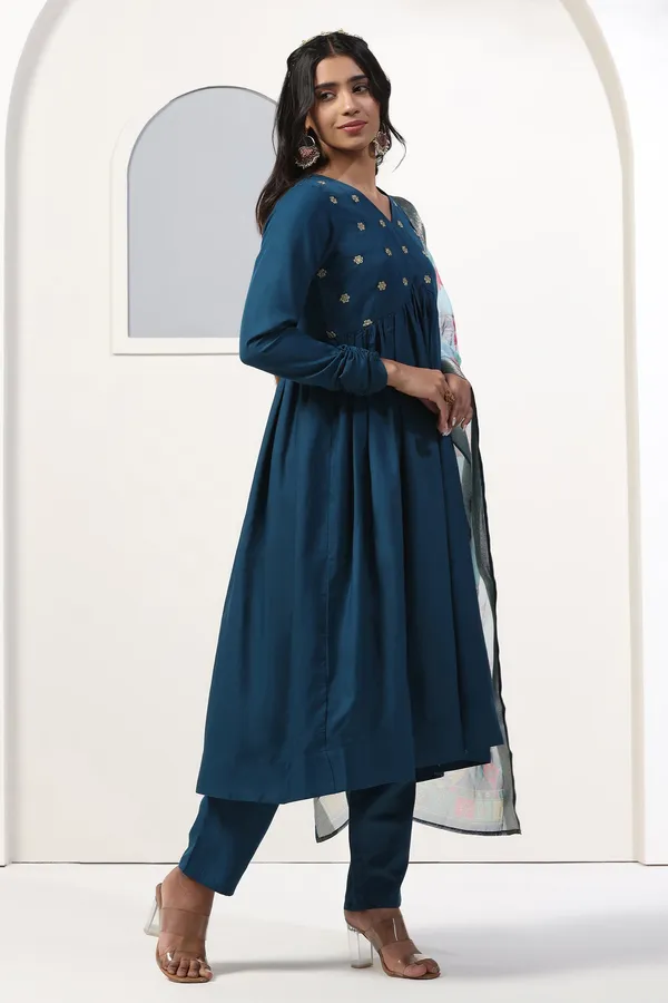 Teal_Blue_Cotton_Blend_Empire_Emboidered_Kurta_And_Pant_With_Dupatta_Set