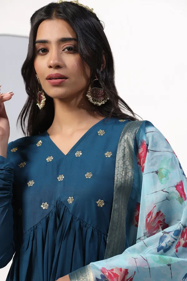 Teal_Blue_Cotton_Blend_Empire_Emboidered_Kurta_And_Pant_With_Dupatta_Set