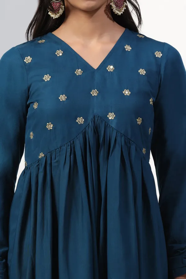 Teal_Blue_Cotton_Blend_Empire_Emboidered_Kurta_And_Pant_With_Dupatta_Set