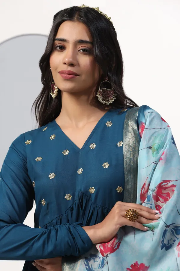 Teal_Blue_Cotton_Blend_Empire_Emboidered_Kurta_And_Pant_With_Dupatta_Set