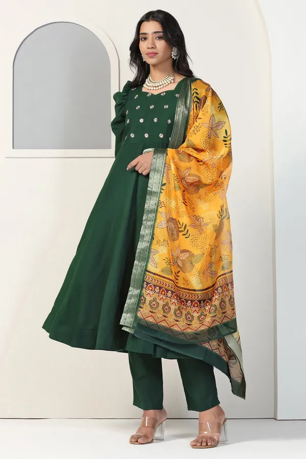 Bottle_Green_Cotton_Blend_Embroidered_Anarkali_Kurta_And_Pant_With_Dupatta_Set