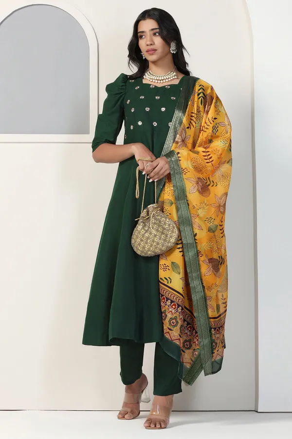 Bottle_Green_Cotton_Blend_Embroidered_Anarkali_Kurta_And_Pant_With_Dupatta_Set