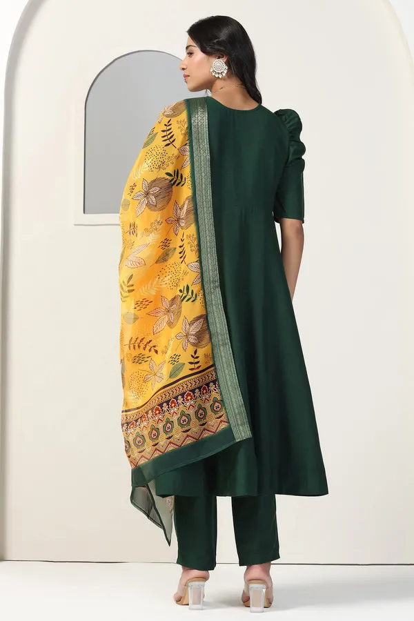 Bottle_Green_Cotton_Blend_Embroidered_Anarkali_Kurta_And_Pant_With_Dupatta_Set