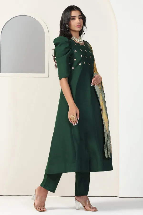 Bottle_Green_Cotton_Blend_Embroidered_Anarkali_Kurta_And_Pant_With_Dupatta_Set