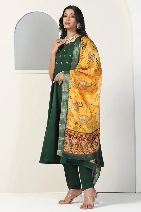 Bottle_Green_Cotton_Blend_Embroidered_Anarkali_Kurta_And_Pant_With_Dupatta_Set