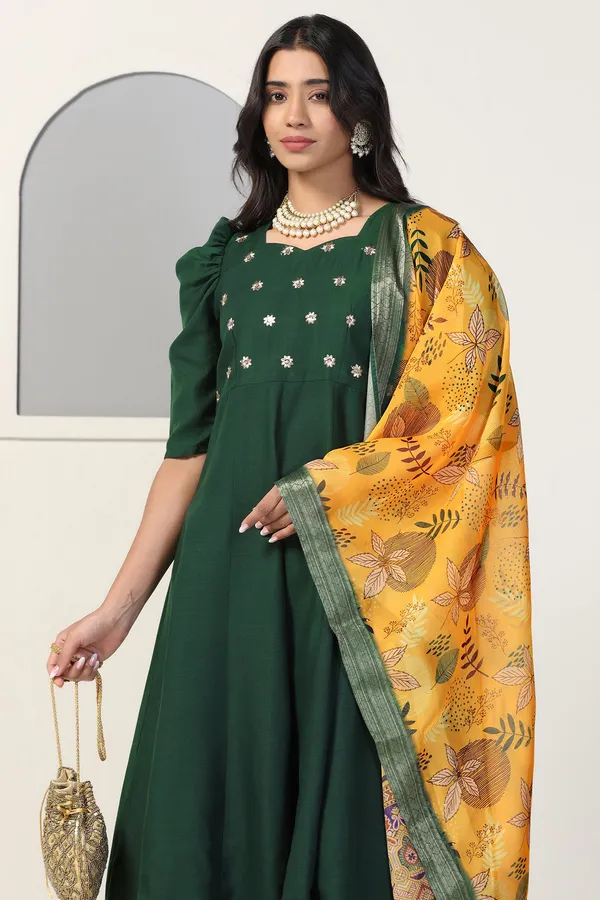 Bottle_Green_Cotton_Blend_Embroidered_Anarkali_Kurta_And_Pant_With_Dupatta_Set