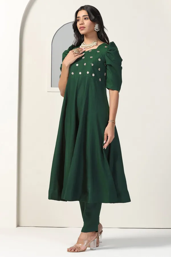 Bottle_Green_Cotton_Blend_Embroidered_Anarkali_Kurta_And_Pant_With_Dupatta_Set
