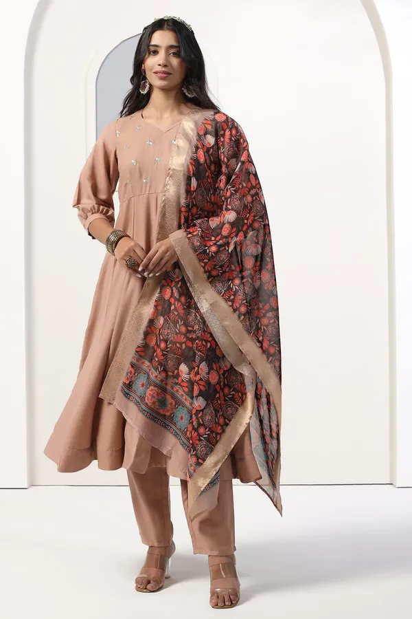 Chikoo_Cotton_Blend_A_Line_Emboidered_Kurta_And_Pant_With_Dupatta_Set