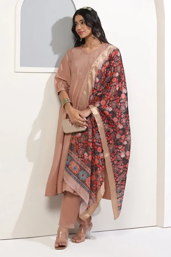 Chikoo_Cotton_Blend_A_Line_Emboidered_Kurta_And_Pant_With_Dupatta_Set