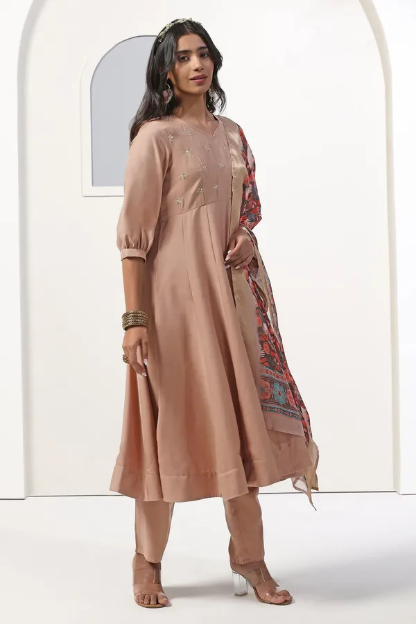 Chikoo_Cotton_Blend_A_Line_Emboidered_Kurta_And_Pant_With_Dupatta_Set