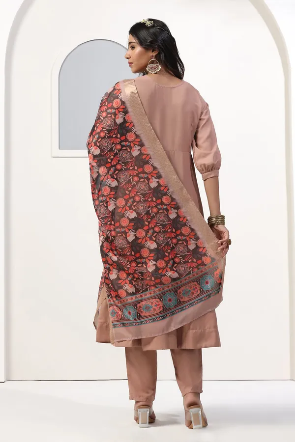Chikoo_Cotton_Blend_A_Line_Emboidered_Kurta_And_Pant_With_Dupatta_Set