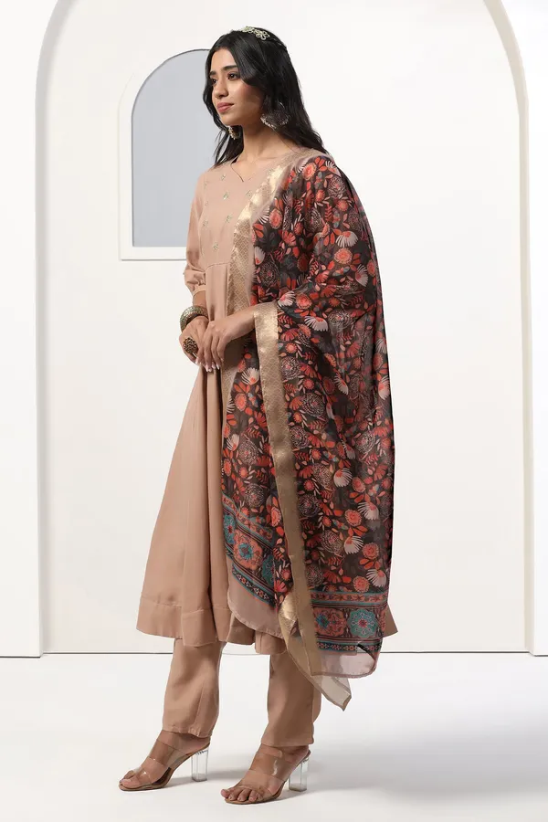 Chikoo_Cotton_Blend_A_Line_Emboidered_Kurta_And_Pant_With_Dupatta_Set