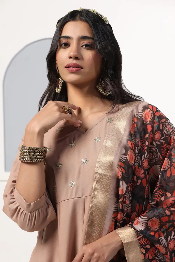 Chikoo_Cotton_Blend_A_Line_Emboidered_Kurta_And_Pant_With_Dupatta_Set