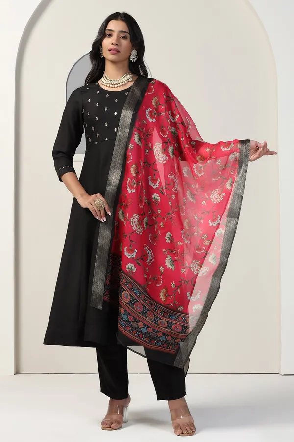 Black_Cotton_Blend_A_Line_Emboidered_Kurta_And_Pant_With_Dupatta_Set