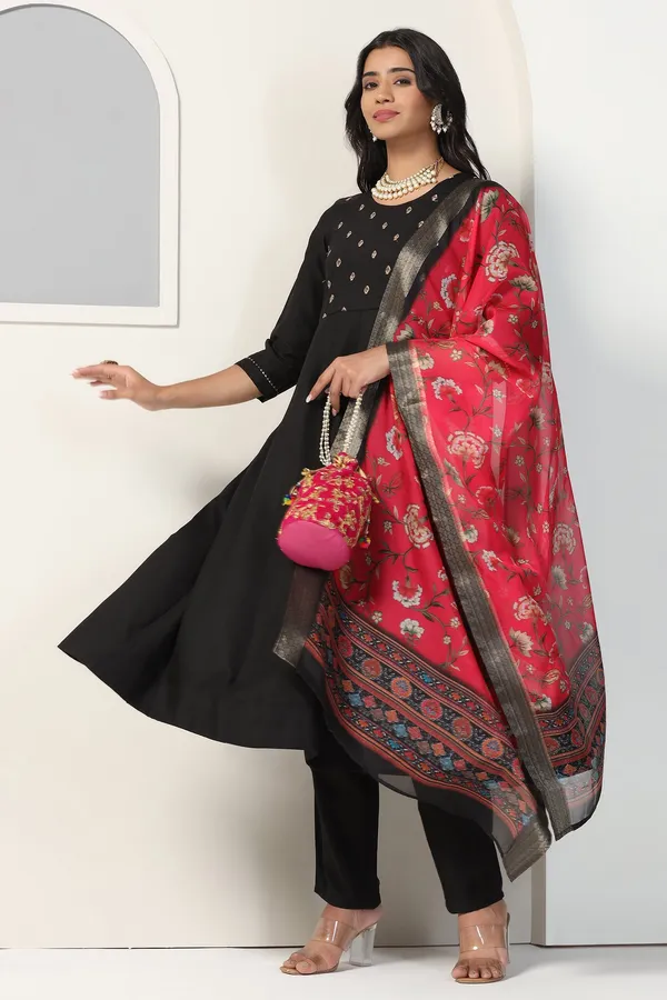 Black_Cotton_Blend_A_Line_Emboidered_Kurta_And_Pant_With_Dupatta_Set