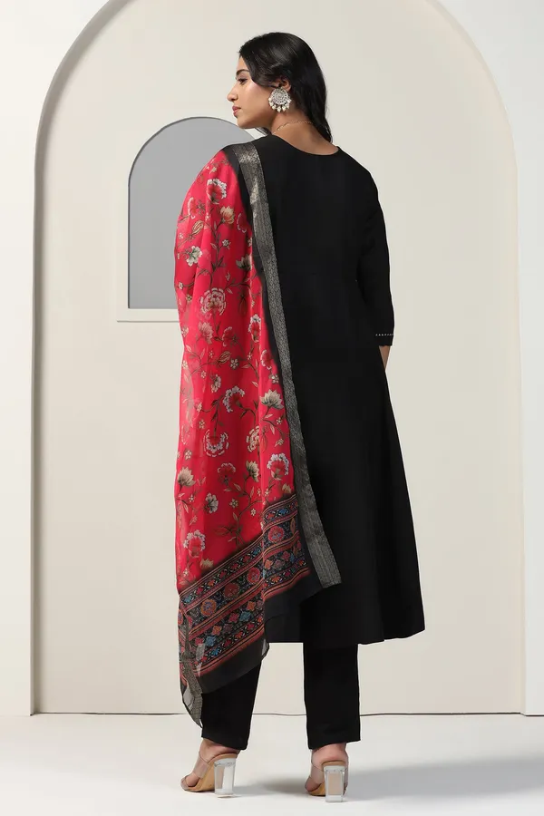 Black_Cotton_Blend_A_Line_Emboidered_Kurta_And_Pant_With_Dupatta_Set
