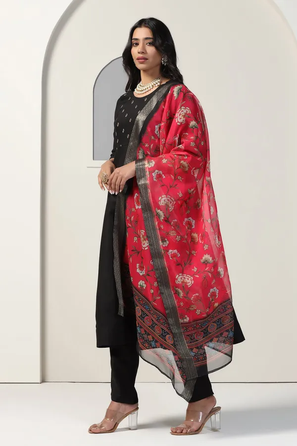 Black_Cotton_Blend_A_Line_Emboidered_Kurta_And_Pant_With_Dupatta_Set